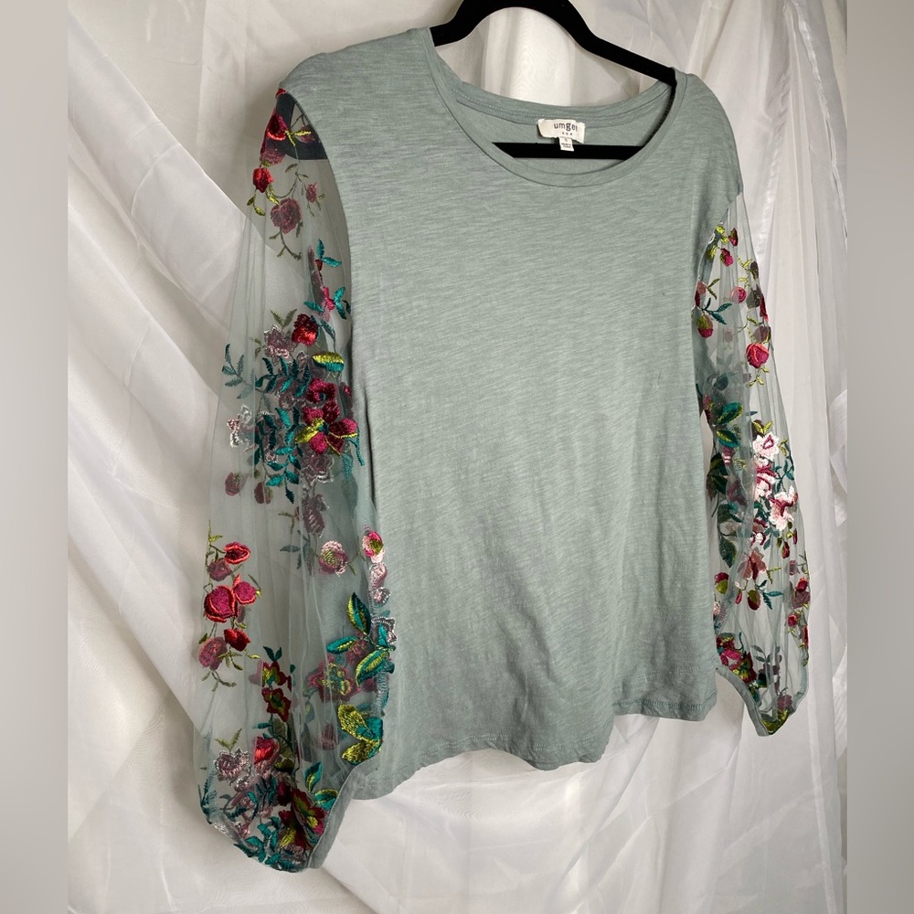 Umgee Sage Green Top with Floral Embroidered Sheer Sleeves